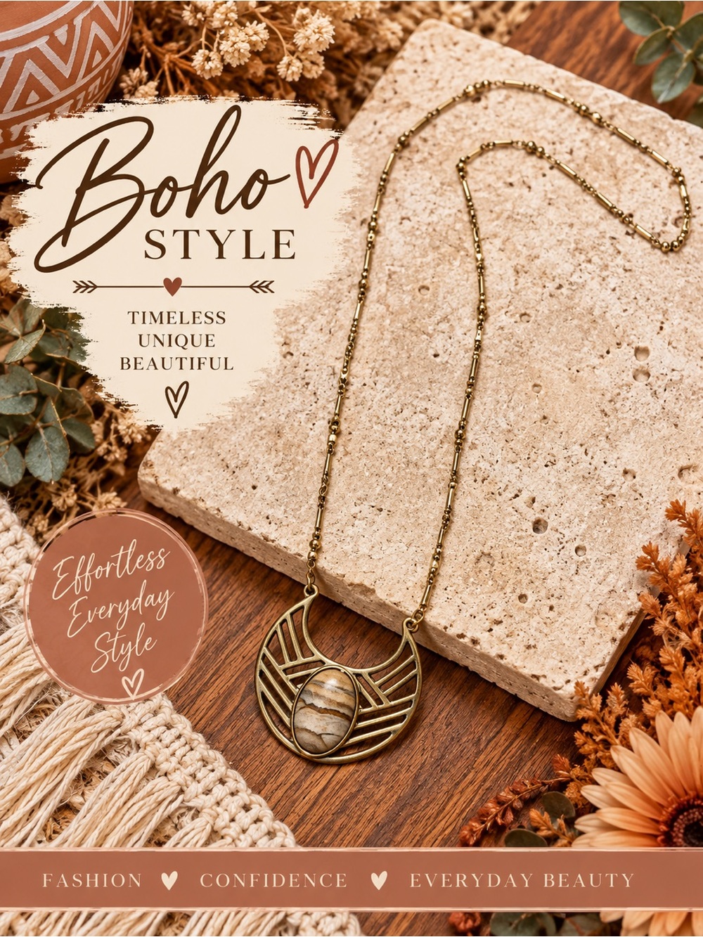 772 Erica Lyons Gold-tone Boho Pendant Necklace with Stone
